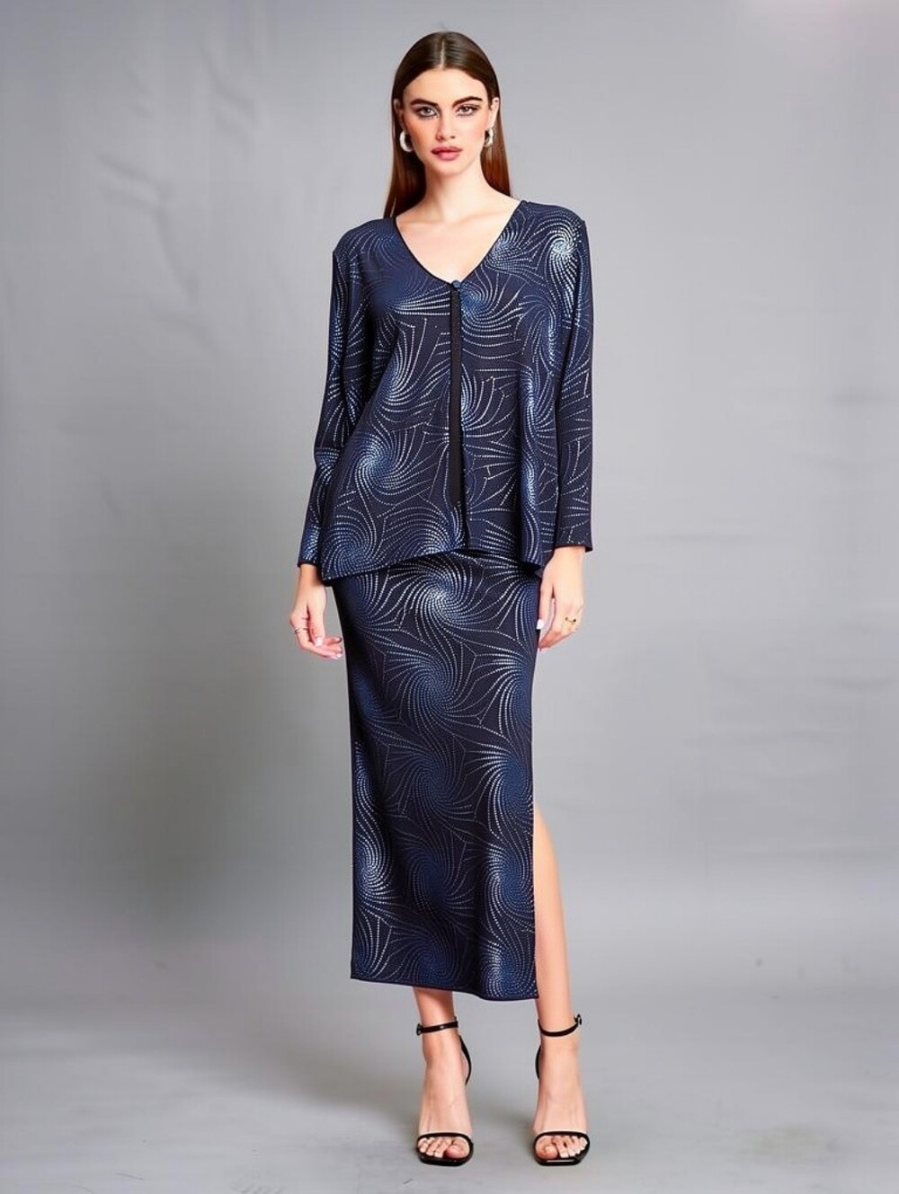 Fashion Bug Navy Swirl Formal 2 Piece Outfit With Maxi Skirt. Shimmering Sparkle